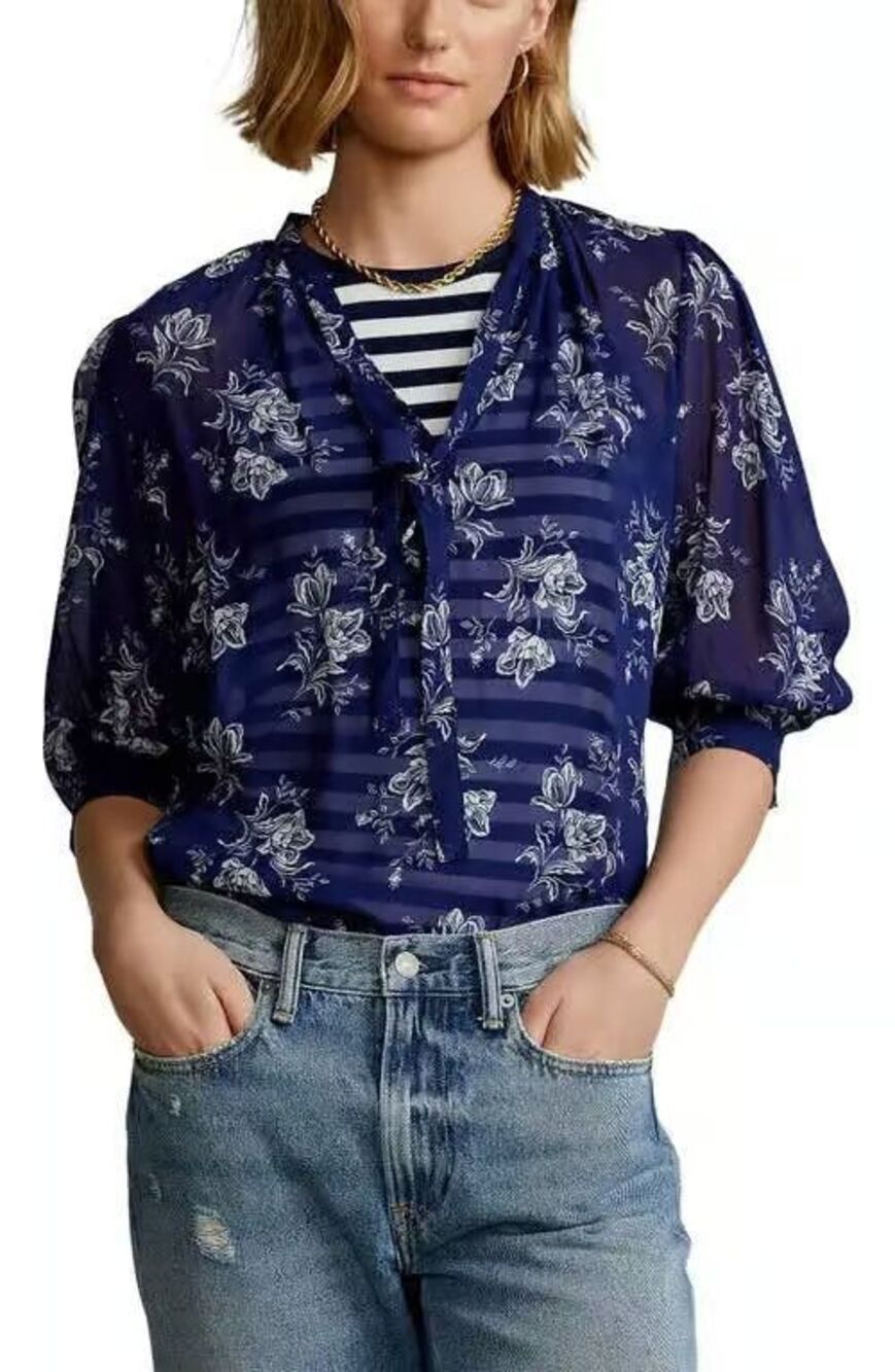New POLO RALPH LAUREN Floral Georgette Tie Neck Blouse Top in Navy Size XS